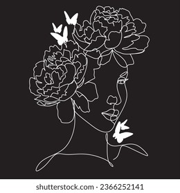 Line Art Woman Face with Flowers Continuous One Line Drawing.