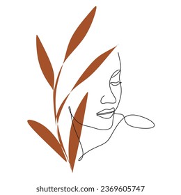 Line Art Woman Face with Flowers Continuous One Line Drawing.