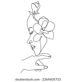 Line Art Woman Face with Flowers Continuous One Line Drawing.