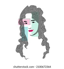 Line art of woman face with long hair in wavy abstract style. Vector illustration