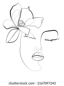 Line Art Woman Face and magnolia flower drawing  One continuous line beautiful woman Vector illustration  Female Logo  Contouring Line  Minimalist Face  Beauty salon