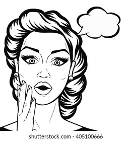 Line art woman face with open mouth and thought bubble, outline shocked or amazed woman face in comics style black and white vector.