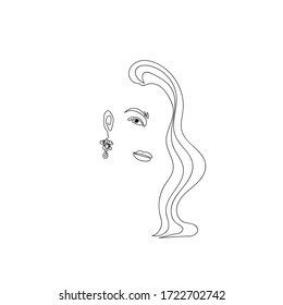 Line art woman face portrait, continuous line hand drawing of  fashion girl with long hair and stylish earring, minimalistic vector illustration.