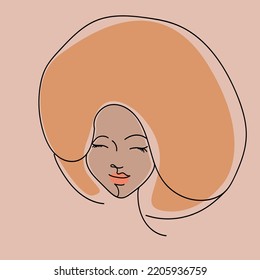 Line art woman face.Hair salon, beauty studio, makeup illustration.Fashion, cosmetics and spa icon isolated on light fund.Lady portrait.Afro hairstyle model.Luxury,glamour logo.