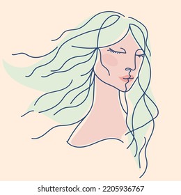 Line art woman face.Hair salon, beauty studio, makeup illustration.Fashion, cosmetics and spa icon isolated on light fund.Cute young lady portrait.Beautiful hairstyle model.Luxury,glamour logo.