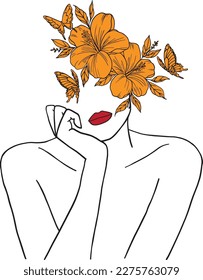line art woman with the flower on the head