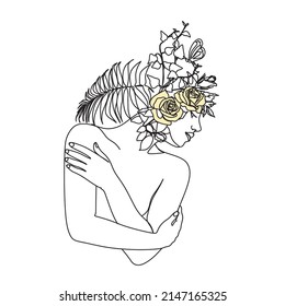 Line Art Woman With Flowers. Head Of Flowers Line drawing. Flower Woman Vector. Minimal Abstract portrait female.