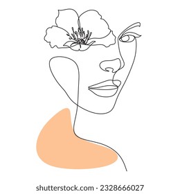 Line Art Woman With Flowers. Head Of Flowers Line drawing. Flower Woman Vector. 