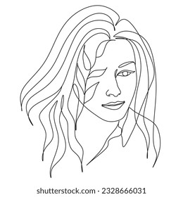 Line Art Woman With Flowers. Head Of Flowers Line drawing. Flower Woman Vector. 