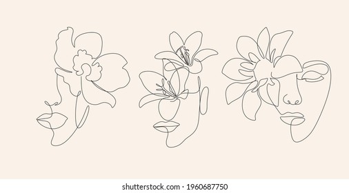 Line Art Woman With Flowers Vector set