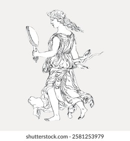 Line art of a woman in a flowing dress holding a mirror. The sketch depicts a classical style with intricate details in the dress and hair. Vintage woman illustration isolated on white, vector.