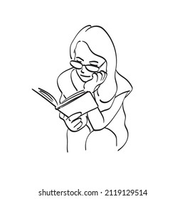 line art woman with glasses reading book illustration vector hand drawn isolated on white background
