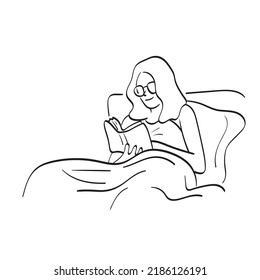 line art woman with glasses reading book on bedroom at night time illustration vector hand drawn isolated on white background