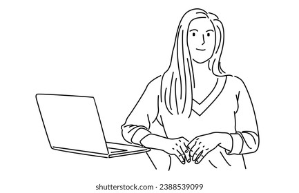 line art of woman at his desk is working on the laptop computer