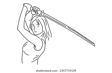 line art of woman holding japan sword vector illustration