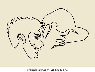 Line art of a woman kissing a man on the forehead