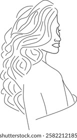 Line art of a woman with long curly hair