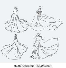 Line art Woman in a long dress minimalist logo for a bridal shop or wedding agency. Beautiful flowering dress in continuous line art drawing style. Girl wearing luxury evening or bridal  svg