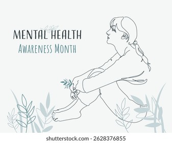 Line Art Woman Looking into the Distance – Mental Health Awareness Month Illustration – May Concept Vector