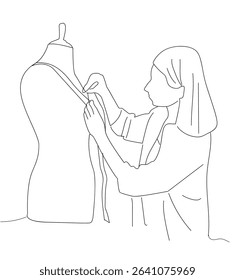 line art woman measuring mannequin. Fashion designer concept. Women try on red dress on mannequin. 