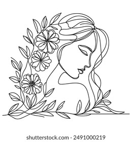 Line art of a woman and nature, merging her face with elements like wind and leaves.