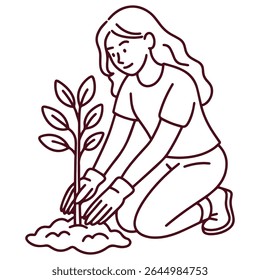 Line art of woman planting tree into soil, clean and minimal ecological theme promoting green lifestyle and care