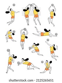 line art woman playing volleyball in various action