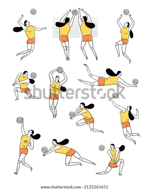 line art\
woman playing volleyball in various\
action