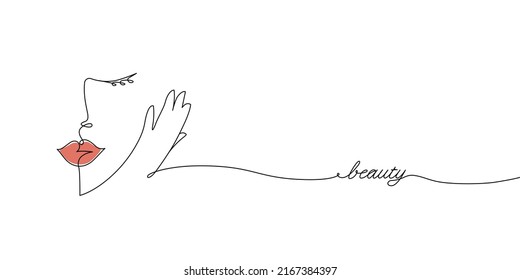 Line art woman portrait, hand touch face. Lettering word beauty. Romantic style. Banner template
