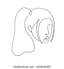 Line art woman portrait. One line female portrait. Woman with pony tail - modern poster, vector illustration.