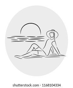 line art of woman pose in the beach 