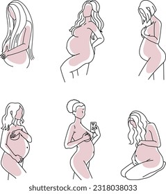 Line art woman with pregnant belly vector set isolated on white background.