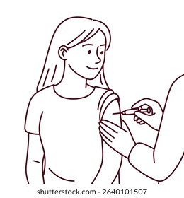 Line art of woman receiving vaccine shot during pregnancy. Represents prenatal health and prevention