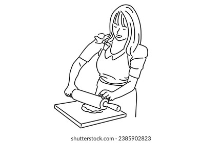 line art of woman rolling dough with rolling pin