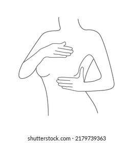 Line art woman self checking for Breast Cancer. Vector female outline silhouette examining breast on white background.