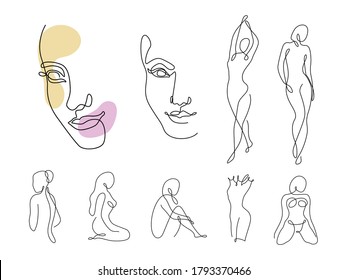 Line art woman silhouette vector set. Female faces and different figure poses in modern simple linear style. Girl body posture design. Beauty and fashion collection