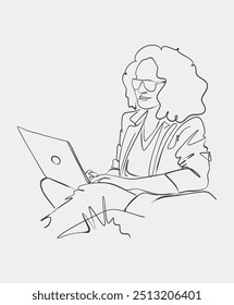 Line art of a woman sitting comfortably while working on a laptop, symbolizing remote work, freelancing, or casual online activity.