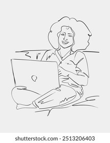 Line art of a woman sitting comfortably while working on a laptop, symbolizing remote work, freelancing, or casual online activity.