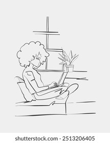 Line art of a woman sitting comfortably while working on a laptop, symbolizing remote work, freelancing, or casual online activity.