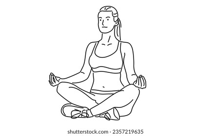 line art of woman sitting cross legged meditating vector illustration