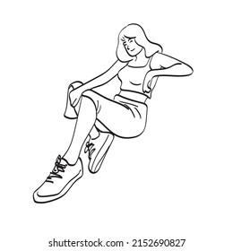 line art woman sitting on the ground with copy space illustration vector hand drawn isolated on white background