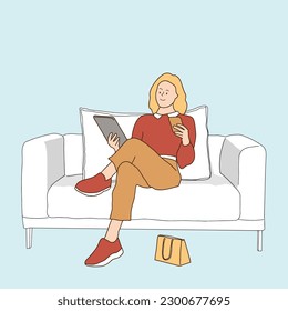 line art woman sitting on sofa There is a shopping bag next to it. Buy products online. vector illustration