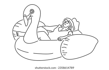 line art of woman sitting on swimming flamingo tires vector illustration