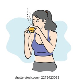 line art woman in sportwear drinking hot tea illustration vector hand drawn isolated on white background