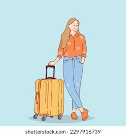 line art of a woman traveler carrying a suitcase Tourist travel abroad relax travel concept hand drawn illustration vector
simple line cartoon