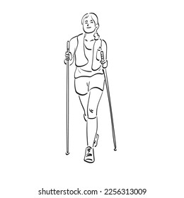 line art woman using hiking poll to walk illustration vector hand drawn isolated on white background