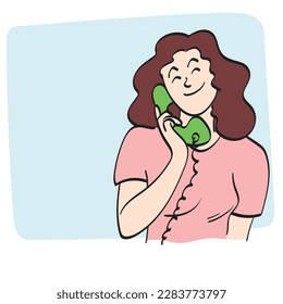 line art woman using retro grren telephone on blank blue space illustration vector hand drawn isolated on white background