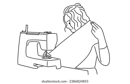 line art of woman using sewing machine