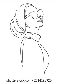 Line art woman. Vector portraits of a woman in sunglasses and a headscarf. Beauty brand decoration, massage, meditation, body care.