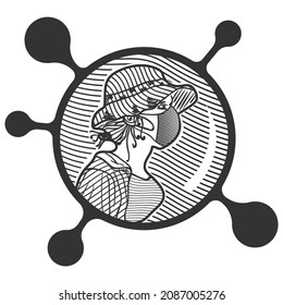 Line art of a woman wearing a mask while on vacation wearing a big hat